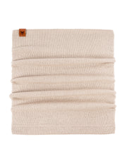 Beige fabric neck warmer with a small brown tag at the top left corner, displayed against a white background.