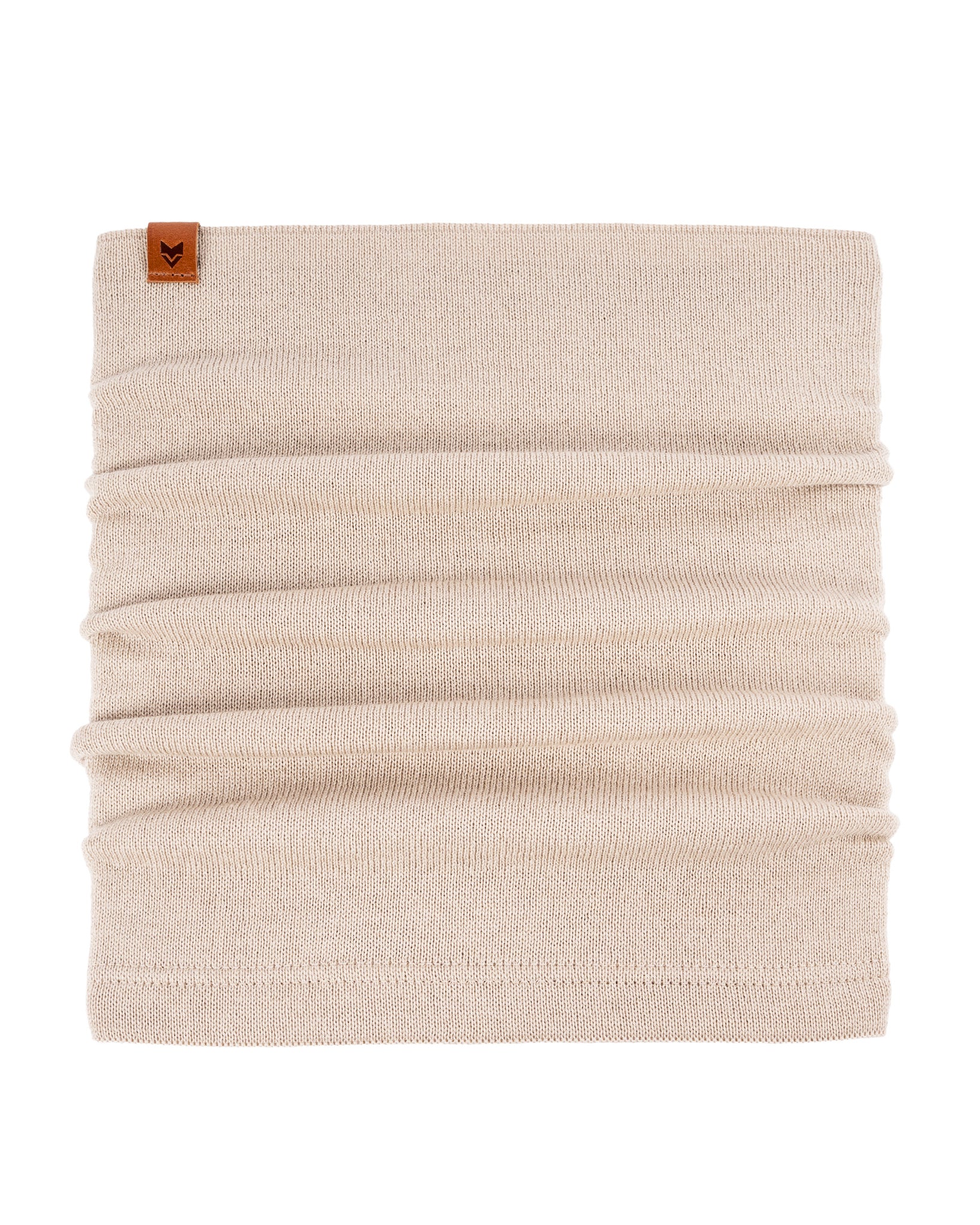 Beige fabric neck warmer with a small brown tag at the top left corner, displayed against a white background.