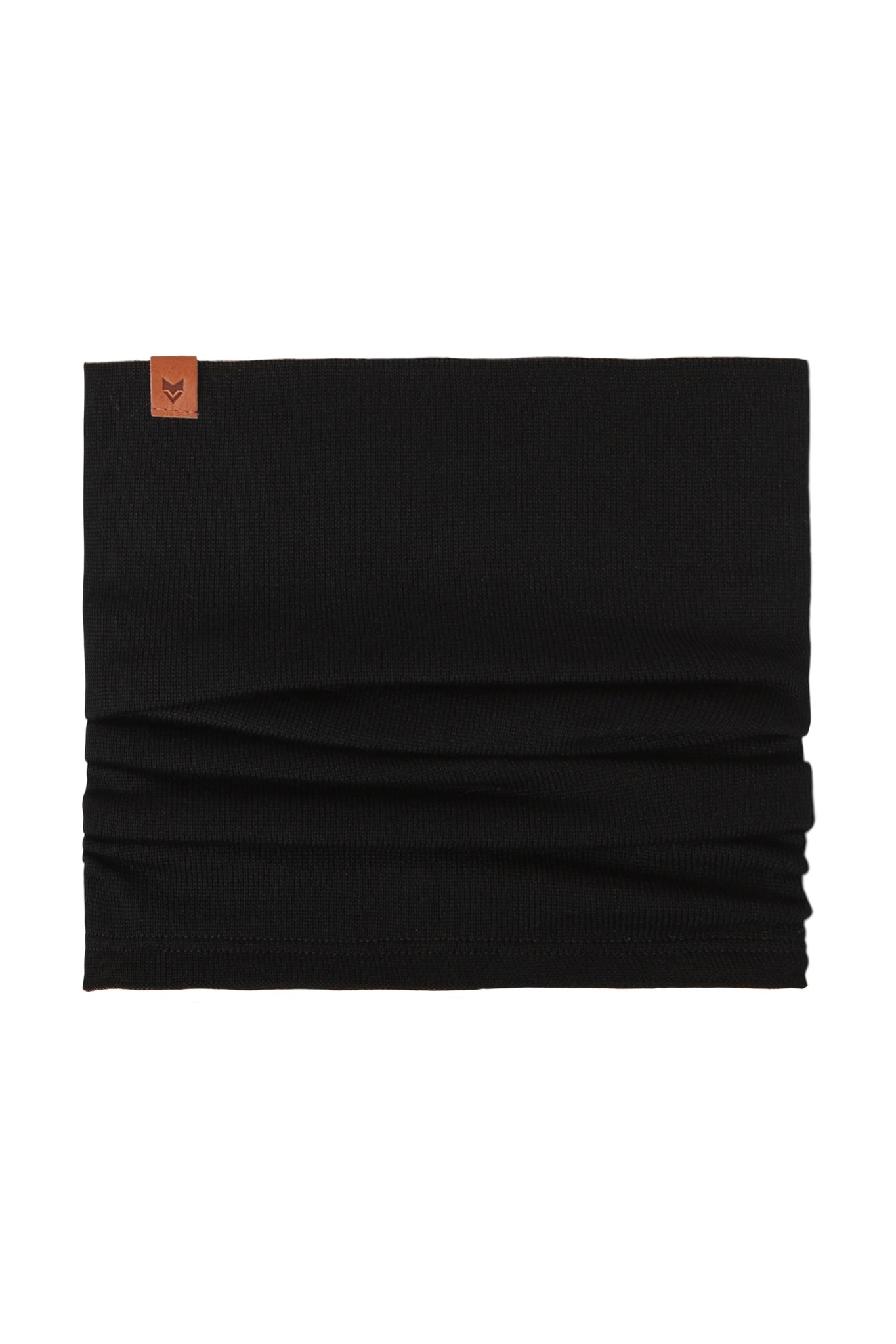 A black tube scarf with a small brown logo tag on the top left corner, laid flat.
