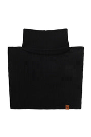 Black ribbed knit turtleneck dickey with a small brown leather tag on the bottom right corner.