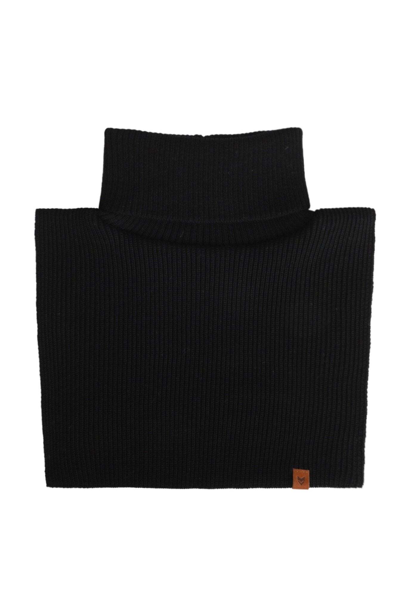 Black ribbed knit turtleneck dickey with a small brown leather tag on the bottom right corner.