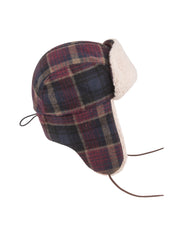 Plaid winter trapper hat with ear flaps and fleece lining, shown against a white background.