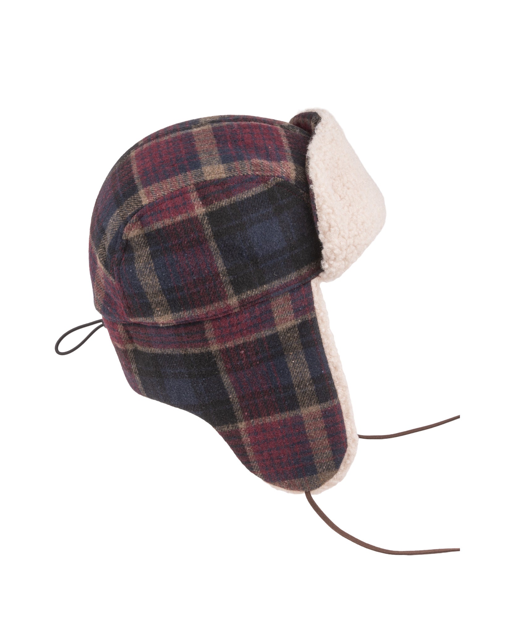 Plaid winter trapper hat with ear flaps and fleece lining, shown against a white background.