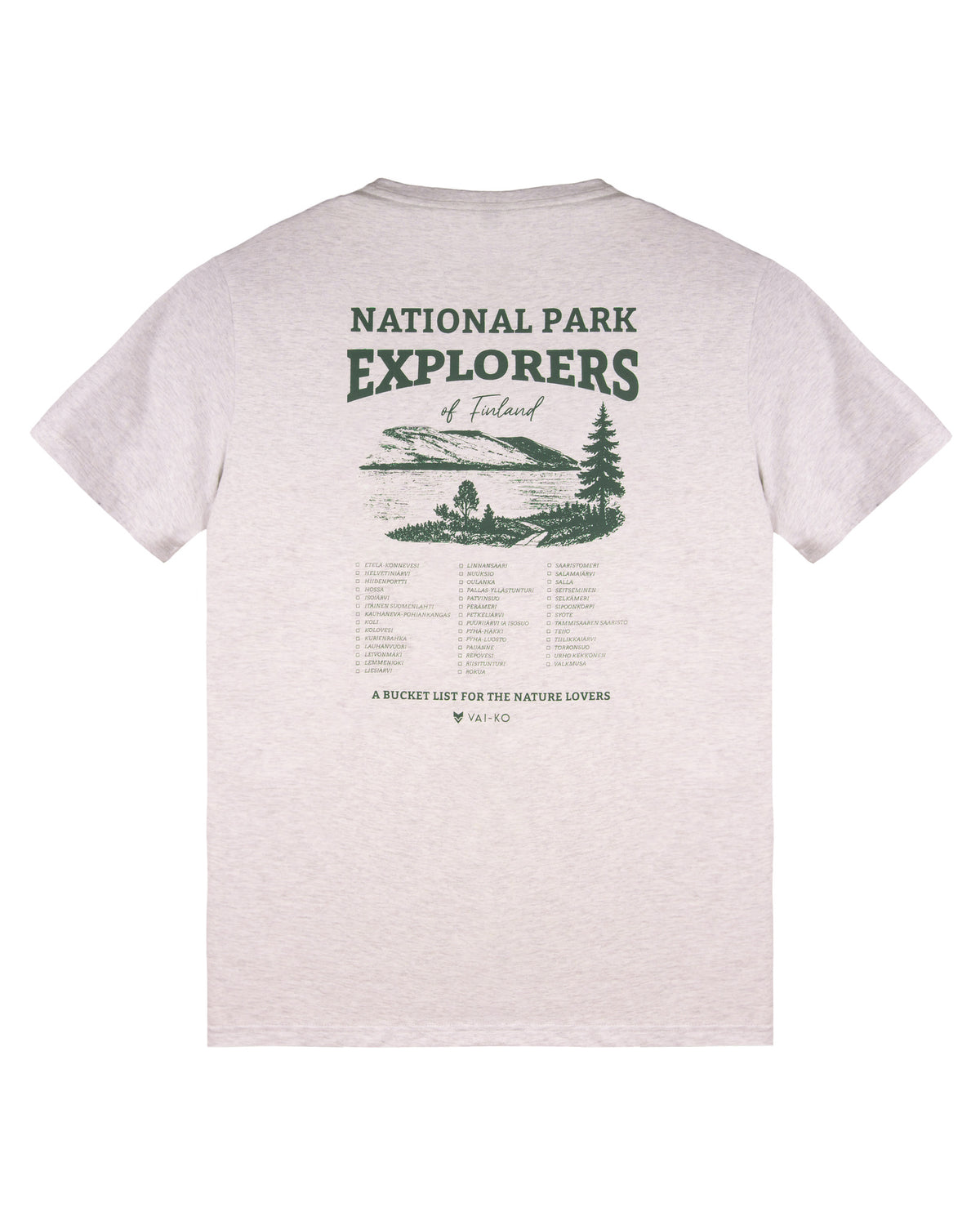 Beige t-shirt with National Park Explorers of Thailand and a nature scene printed on the back in green ink.