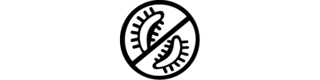 Black line drawing of germs crossed out by a circle and slash, symbolizing no germs or antibacterial.