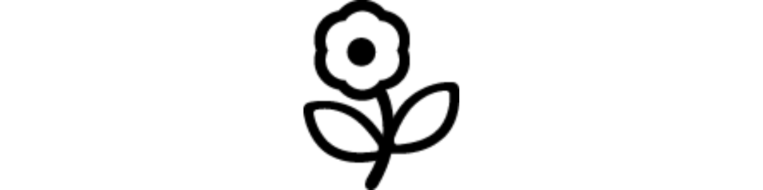 Black and white line drawing of a flower with two leaves and a round center.