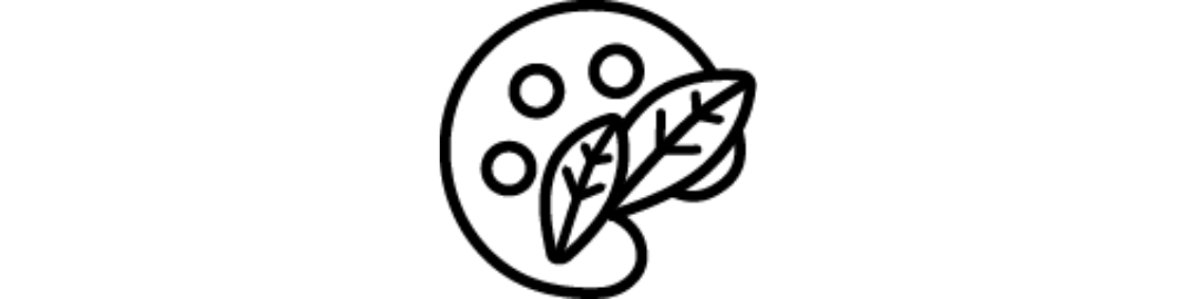 Line drawing of a painter’s palette with paint spots and a paintbrush lying across it.