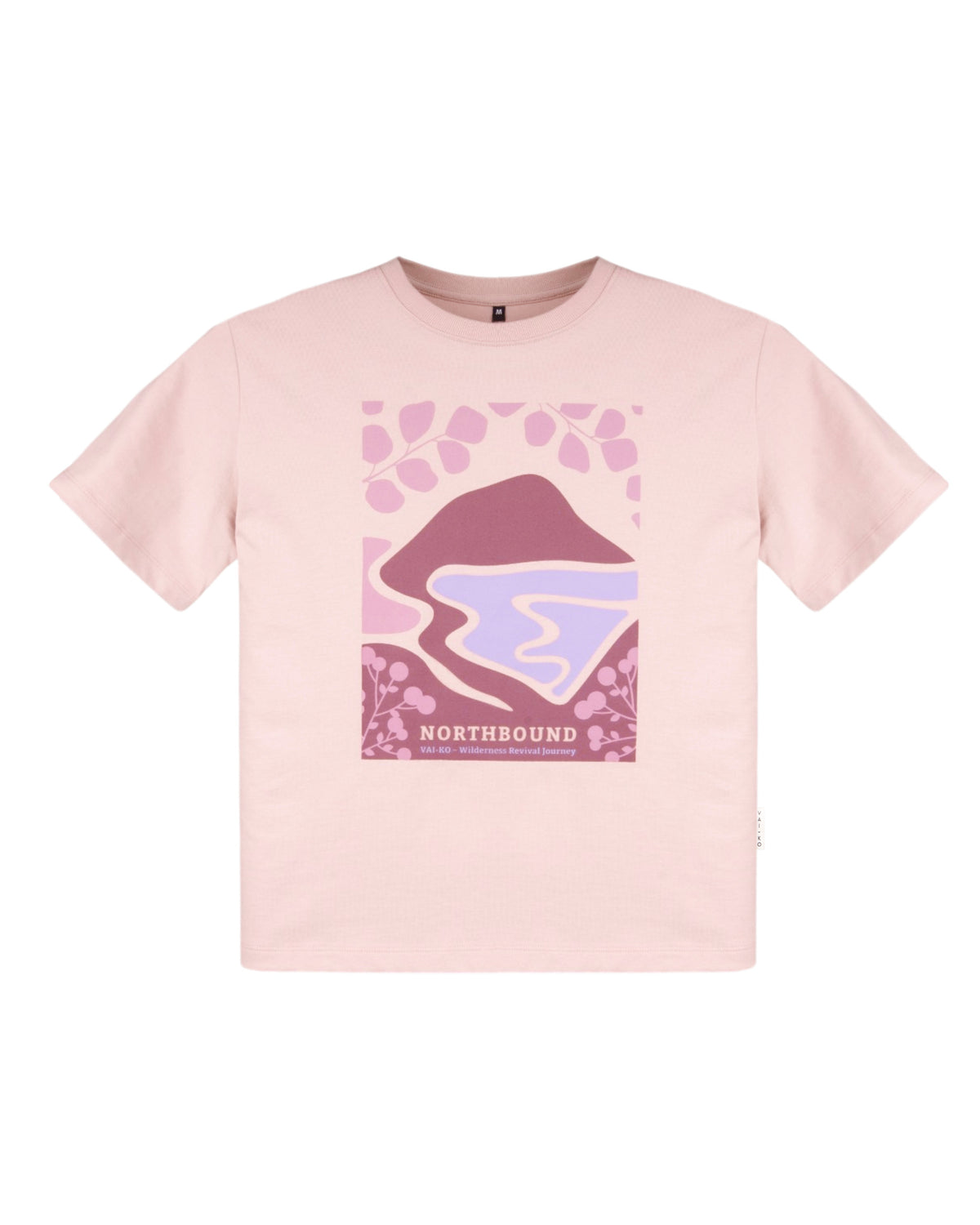 Light pink t-shirt with an abstract mountain and river design in purple tones, labeled NORTHBOUND..