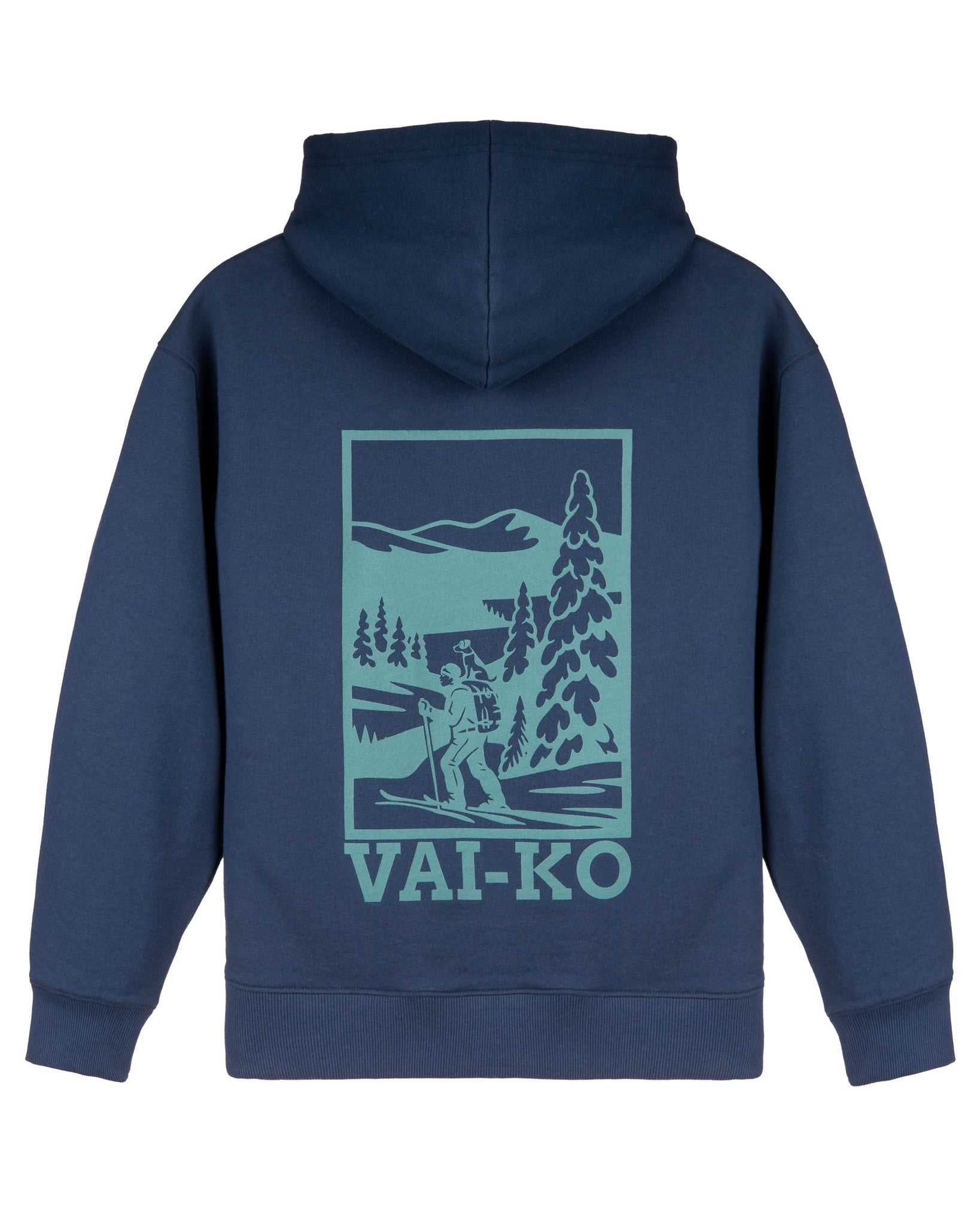 Navy hoodie with a graphic of a skier, trees, mountains, and the text VAI-KO on the back.