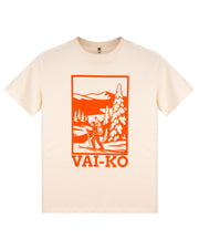 Beige t-shirt with orange print of a hiker in nature and VAI-KO text below graphic.