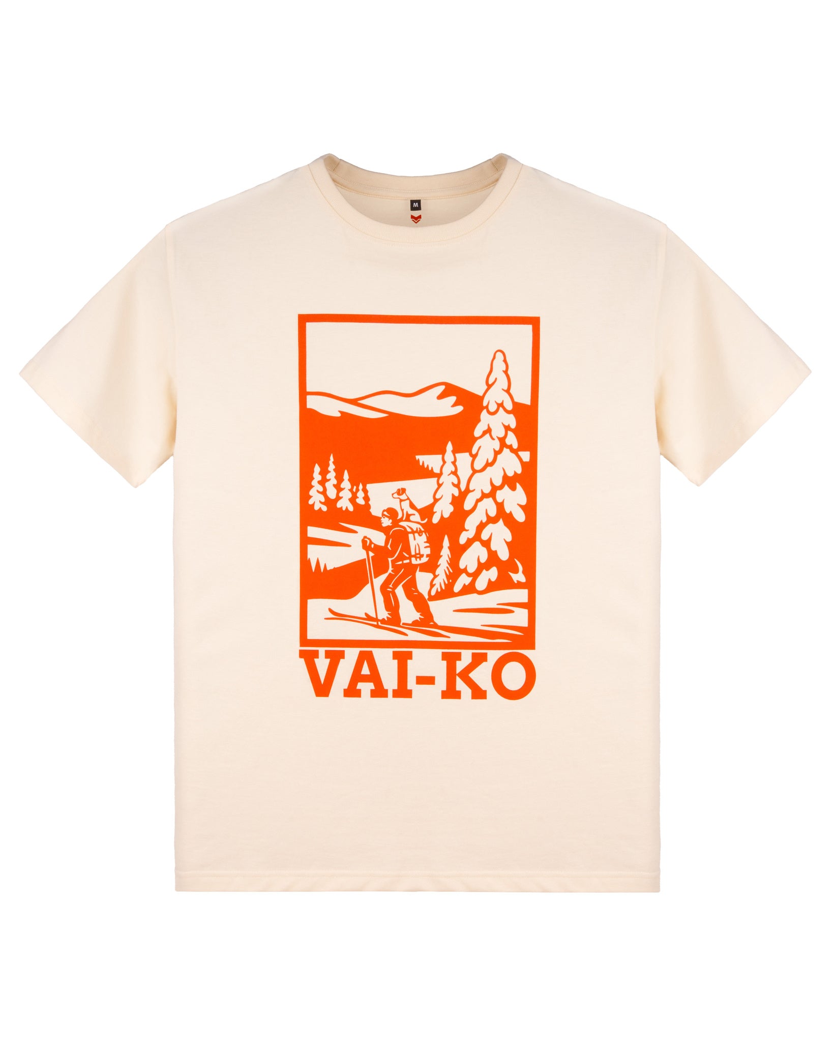 Beige t-shirt with orange print of a hiker in nature and VAI-KO text below graphic.