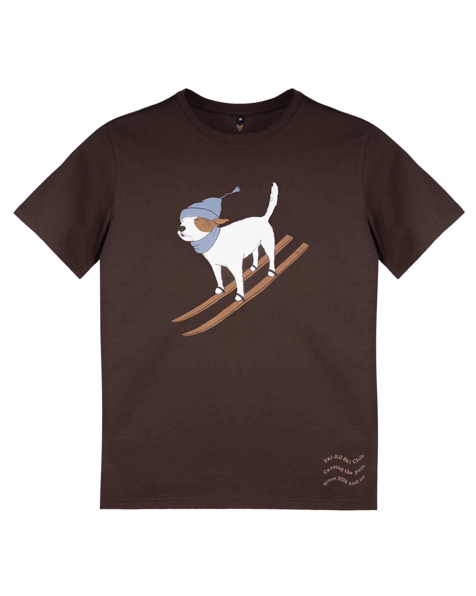 Brown t-shirt with an illustration of a dog wearing a hat and scarf, standing on wooden skis.