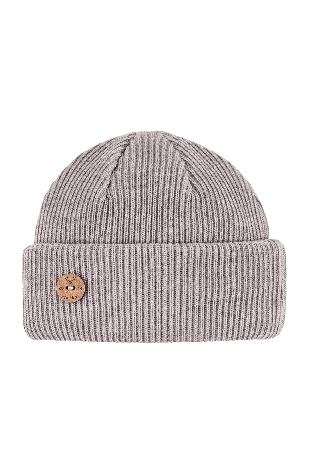 Gray ribbed knit beanie with a folded brim and a small round wooden logo patch on the front.