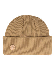 Tan ribbed knit beanie with a folded brim and a round leather patch on the front.
