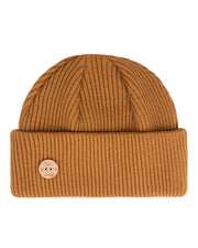 Brown ribbed knit beanie with a folded cuff and a round logo patch on the front.