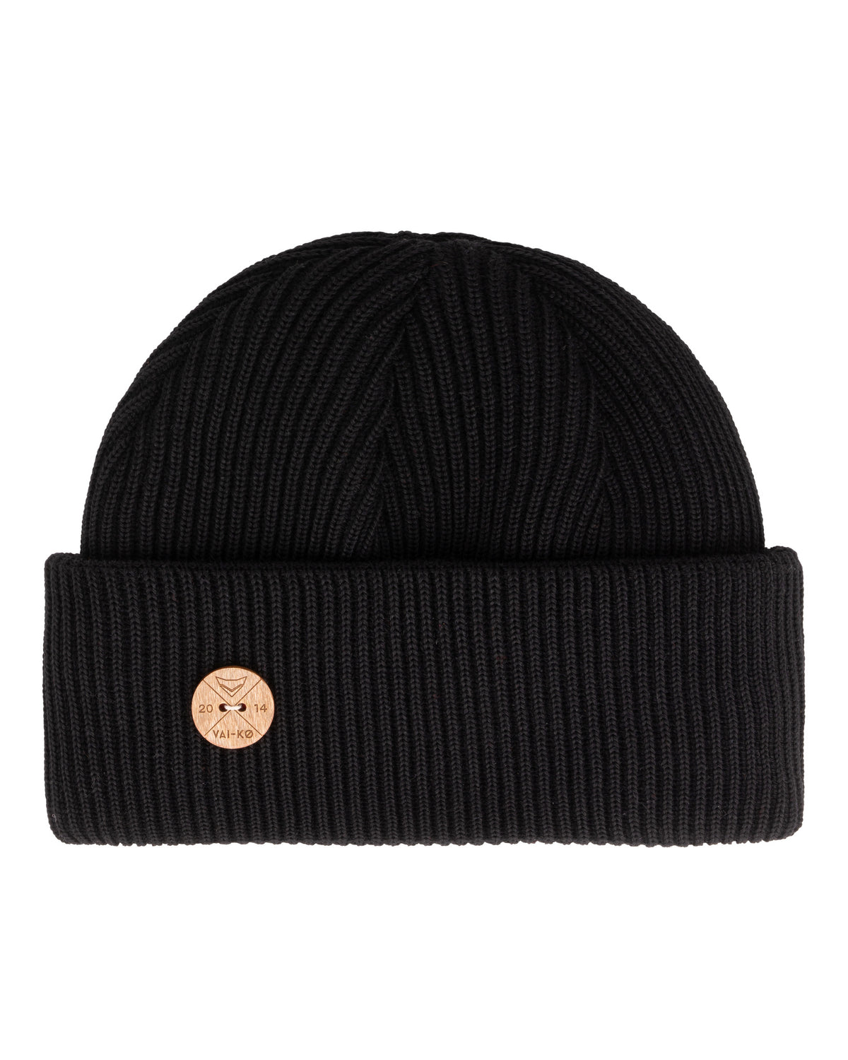 Black ribbed knit beanie with a folded brim and a small round brown patch on the front.