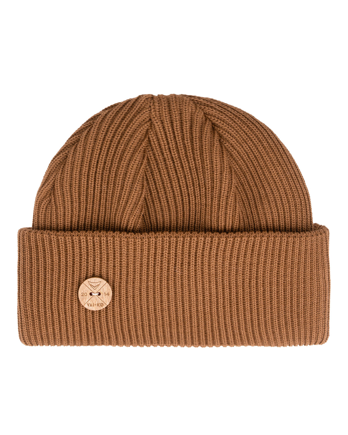Brown ribbed knit beanie with a folded cuff and a round wooden logo patch on the cuff.