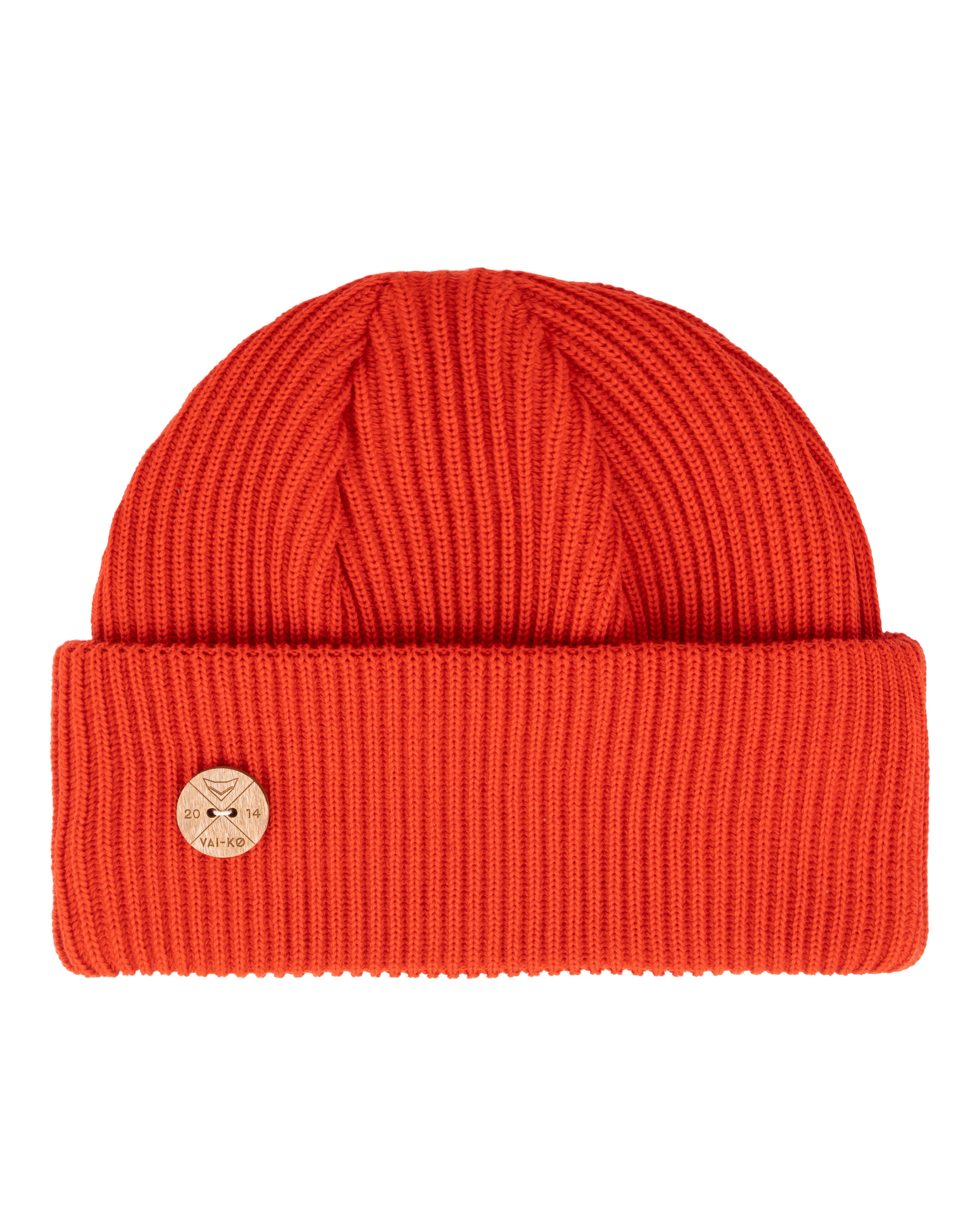 Bright orange ribbed knit beanie with a folded brim and a round wooden button on the front.