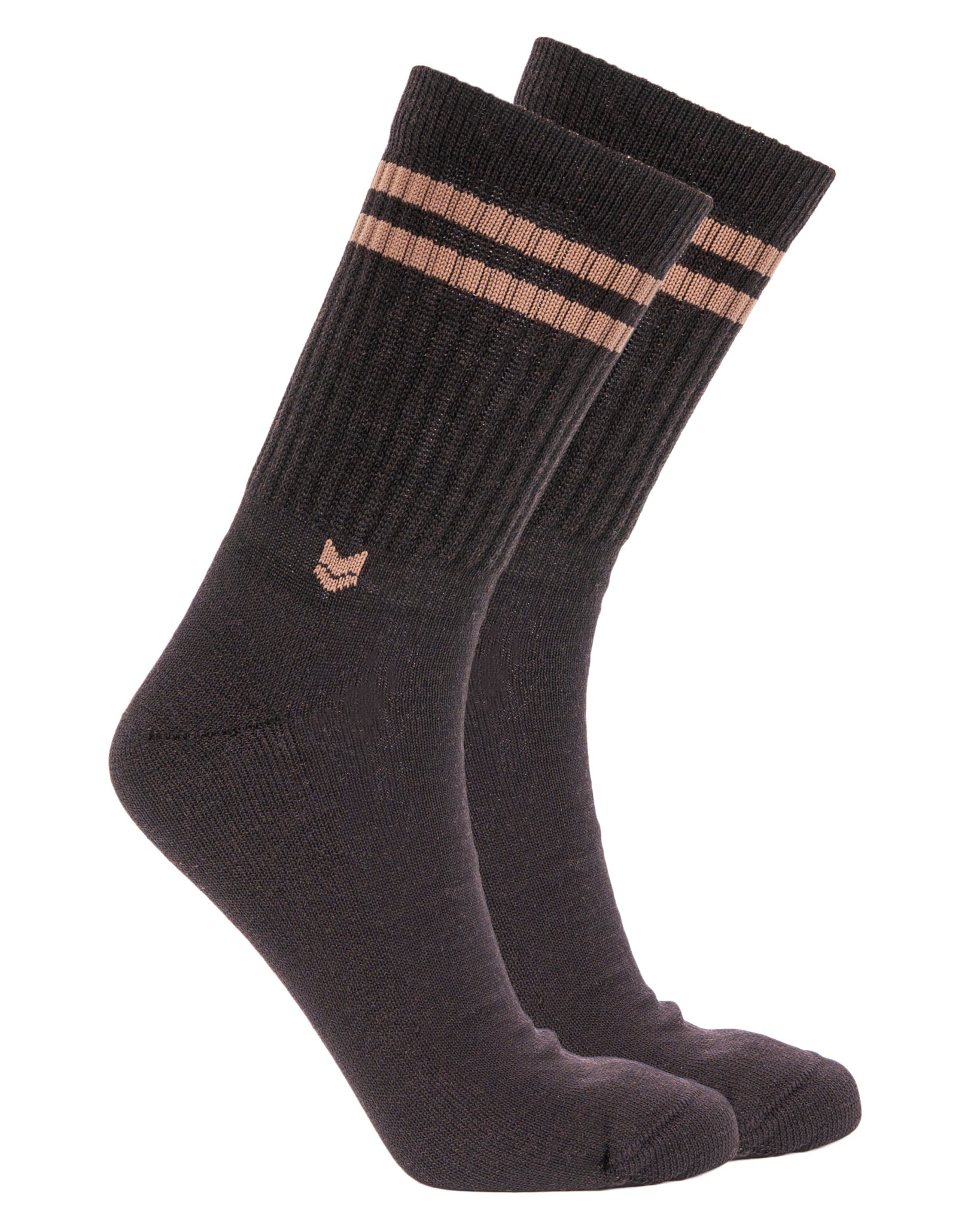 Pair of black crew socks with two brown stripes near the top and a small brown logo near the ankle.