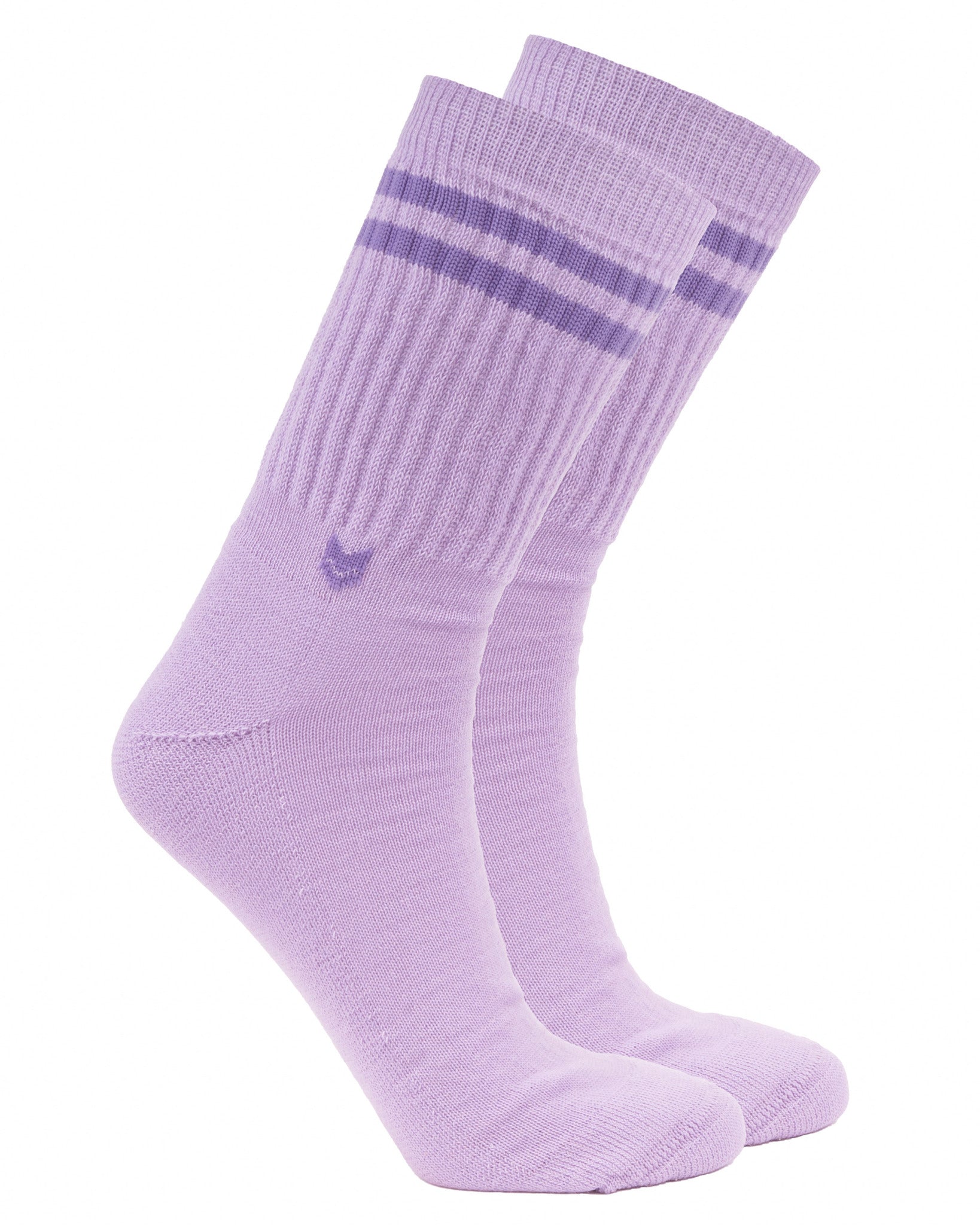 A pair of light purple socks with two darker purple stripes near the top, displayed side by side.