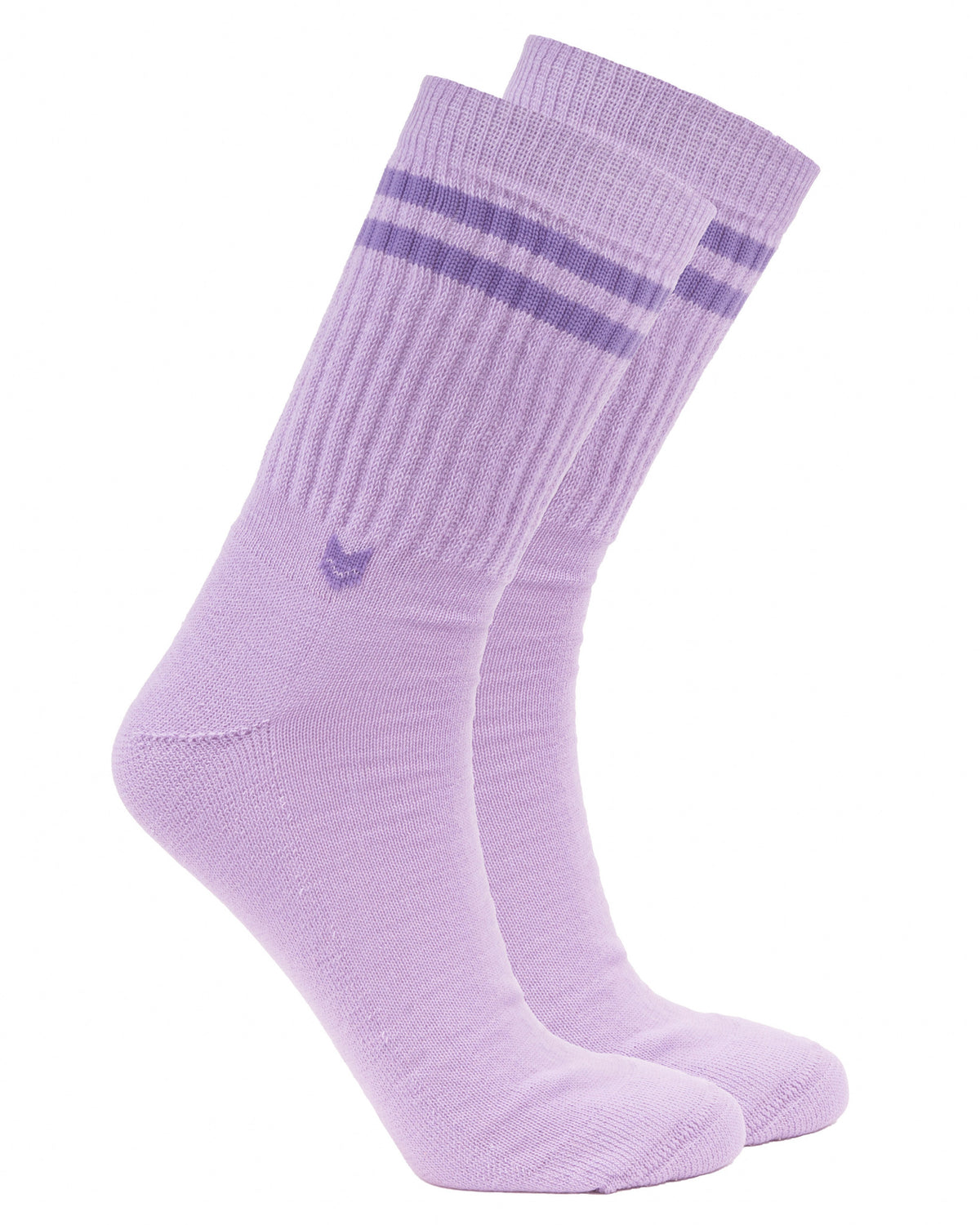 A pair of light purple socks with two darker purple stripes near the top, displayed side by side.