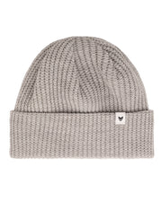 Gray waffle-knit beanie with a folded brim and a small white patch featuring a black fox logo.
