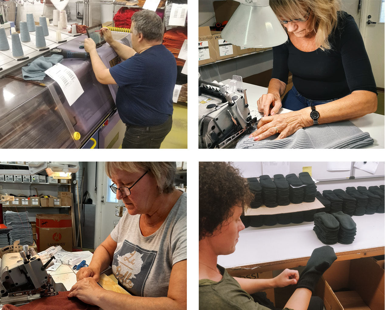 Four people sewing and working with fabric in a textile factory, using sewing machines and other equipment.