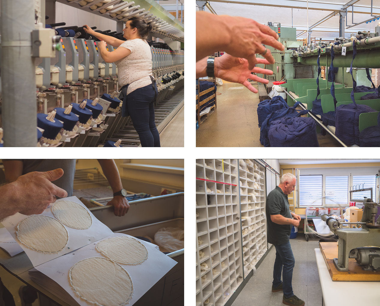 A collage of four images showing different stages of textile or fabric manufacturing in a factory setting.