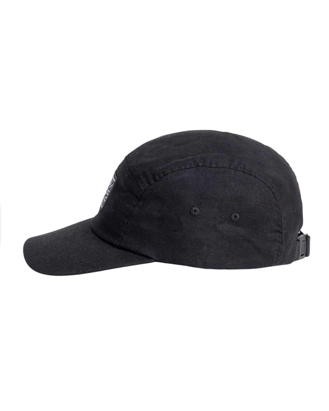 Black baseball cap shown from the side, with ventilation eyelets and an adjustable strap at the back.