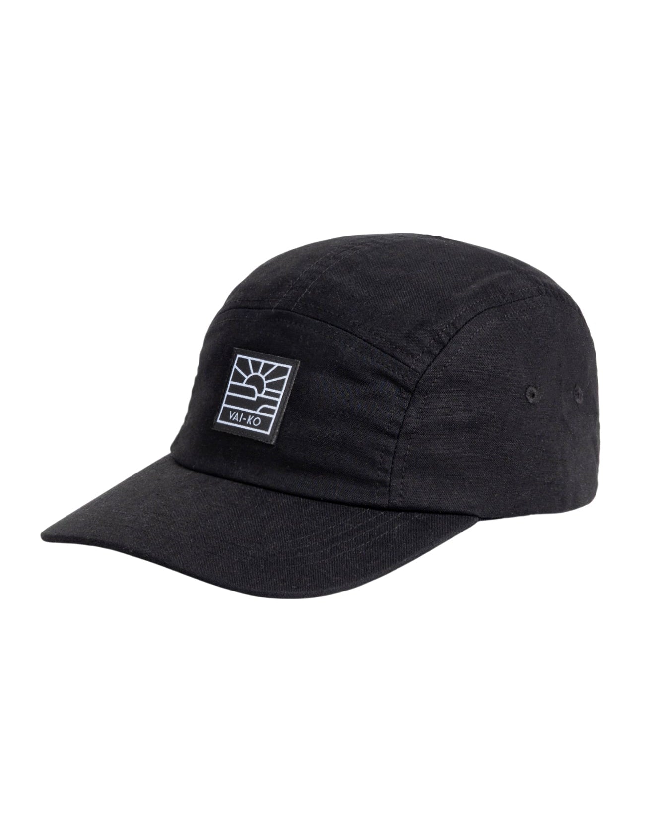 Black baseball cap with a square white logo patch on the front.