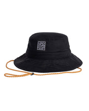 Black bucket hat with a square white logo on the front and an orange adjustable chin strap.