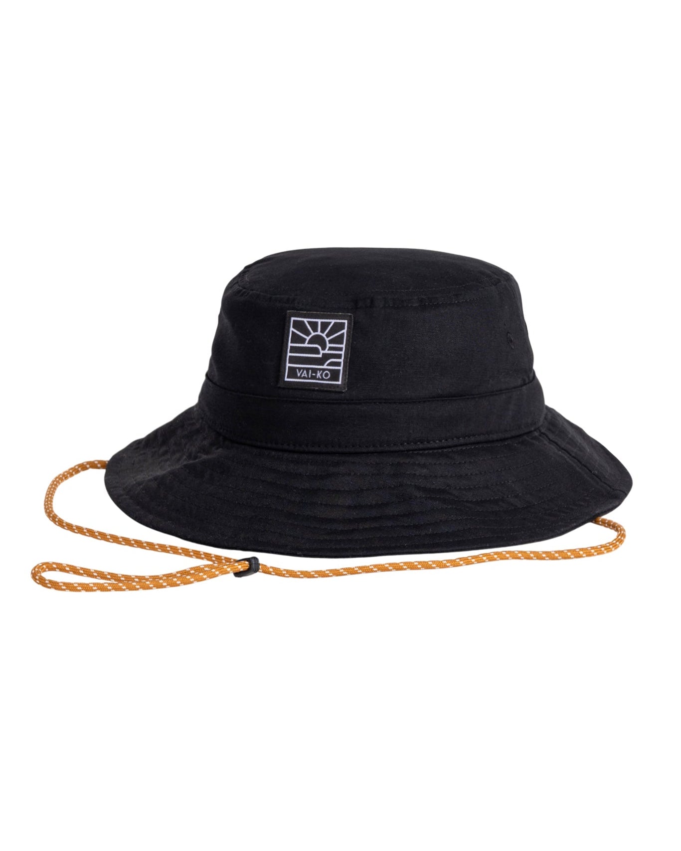 Black bucket hat with a square white logo on the front and an orange adjustable chin strap.