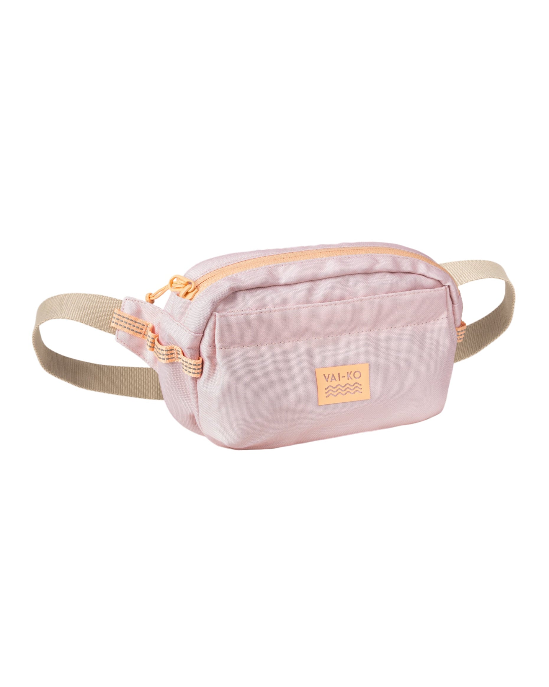 Light pink waist bag with beige adjustable strap and zipper, featuring a small peach-colored logo patch.